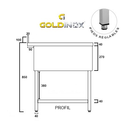 Table inox 500 x 500 mm avec renfort / GOLDINOX