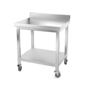 Table inox 700 x 600 mm adossée avec renfort sur roulettes / GOLDINOX