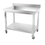 Table inox 1000 x 600 mm adossée avec renfort sur roulettes / GOLDINOX