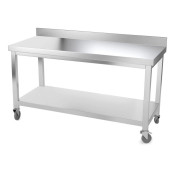 Table inox 1400 x 600 mm adossée avec renfort sur roulettes / GOLDINOX