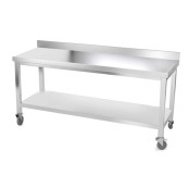 Table inox 2000 x 600 mm adossée avec renfort sur roulettes / GOLDINOX