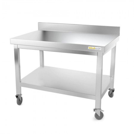 Table inox soubassement 1000 x 600 mm adossée sur roulettes / GOLDINOX