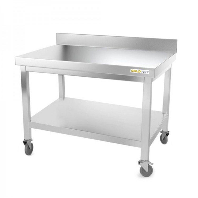 Table inox soubassement 1000 x 600 mm adossée sur roulettes / GOLDINOX