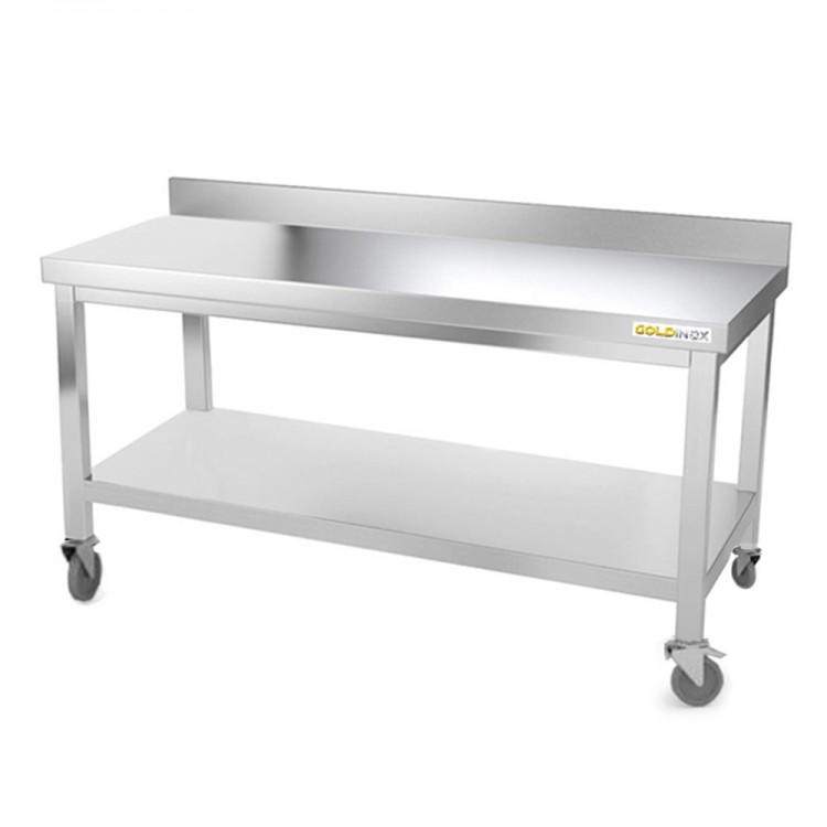 Table inox soubassement 1500 x 600 mm adossée sur roulettes / GOLDINOX