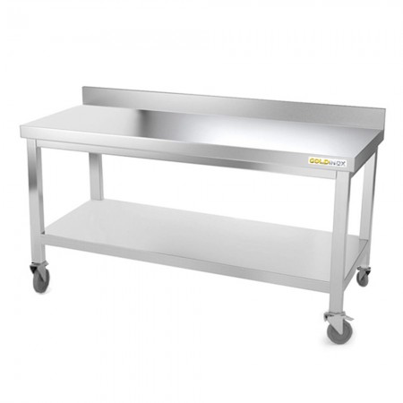 Table inox soubassement 1600 x 600 mm adossée sur roulettes / GOLDINOX
