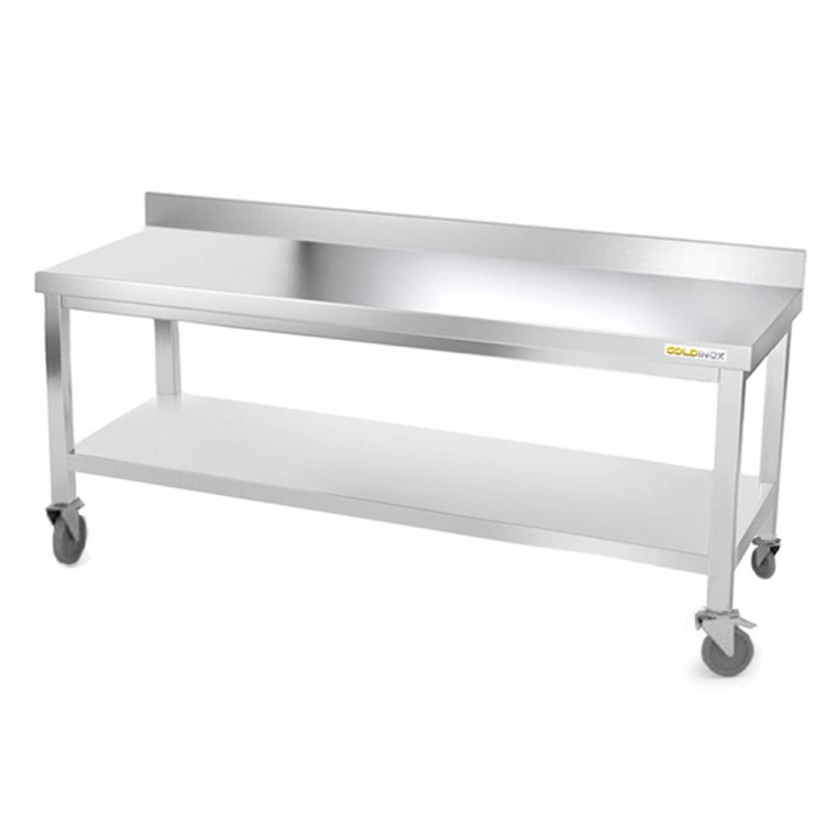 Table inox soubassement 1800 x 600 mm adossée sur roulettes / GOLDINOX