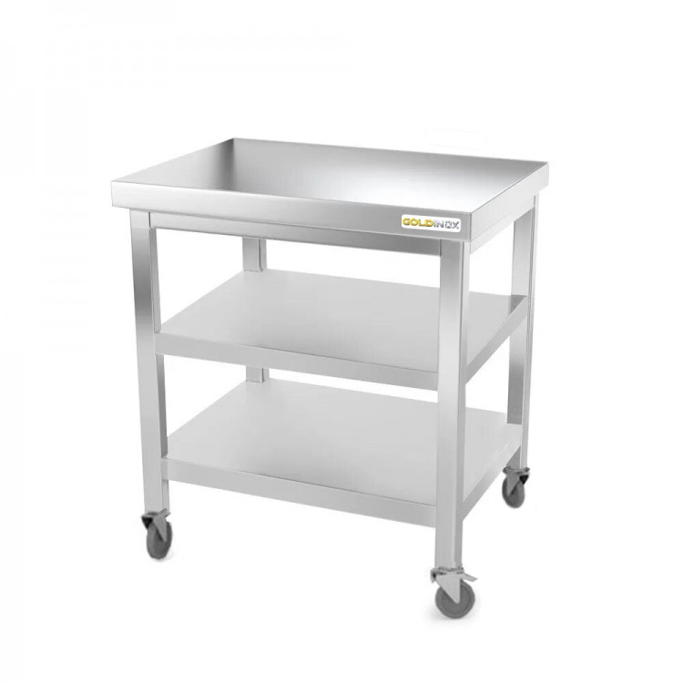 Table inox 600 x 600 mm avec 2 étagères sur roulettes / GOLDINOX