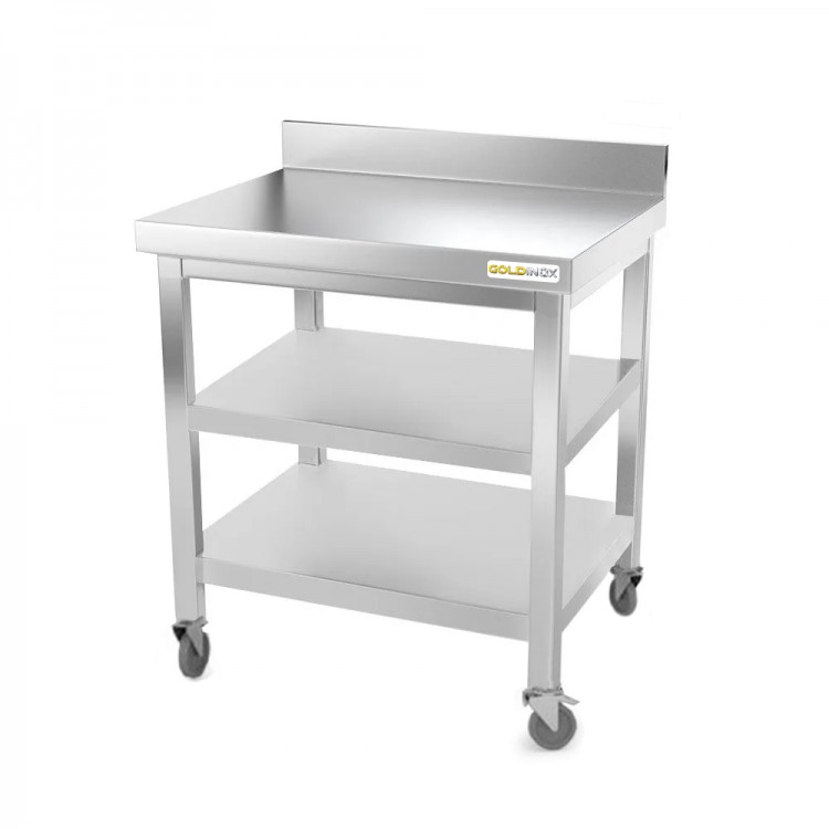 Table inox 600 x 600 mm adossée avec 2 étagères sur roulettes / GOLDINOX