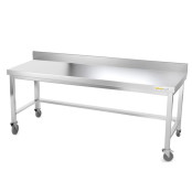 Table inox soubassement 2000 x 500 mm adossée avec renfort sur roulettes / GOLDINOX