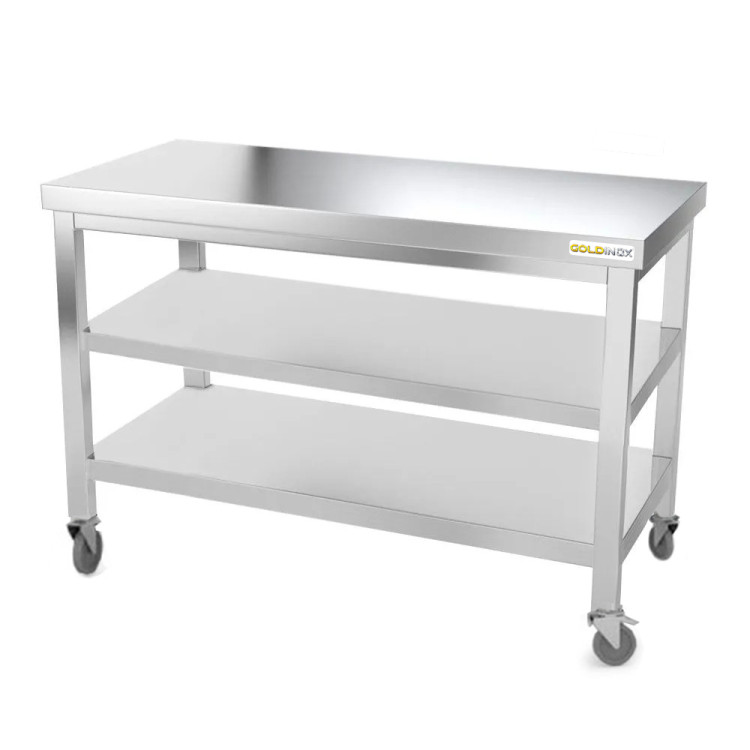 Table inox 1500 x 600 mm avec 2 étagères sur roulettes / GOLDINOX