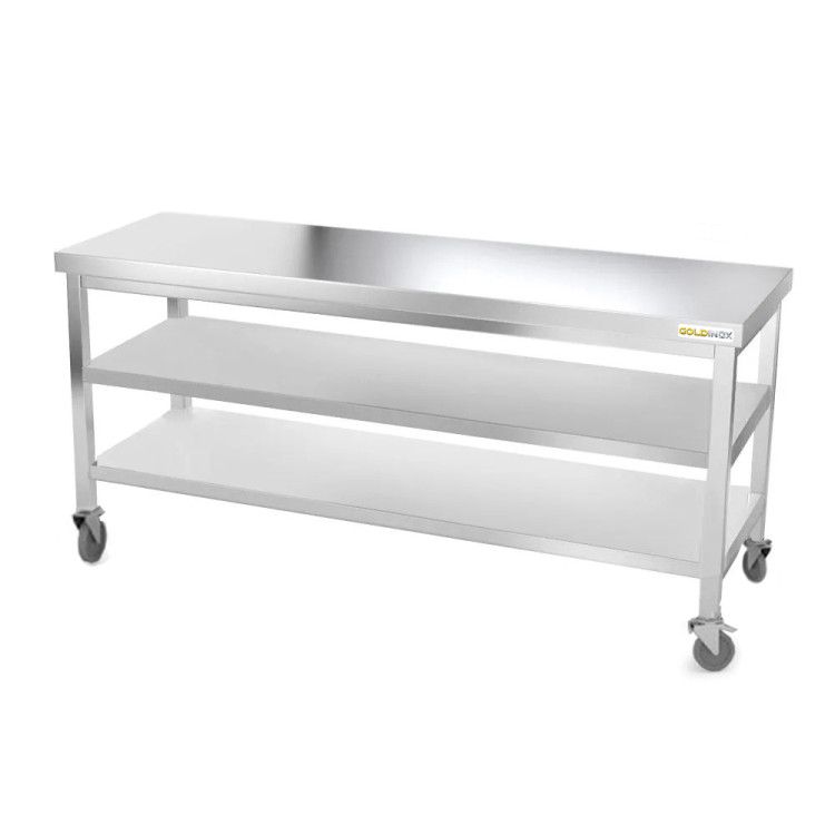 Table inox 1800 x 600 mm avec 2 étagères sur roulettes / GOLDINOX