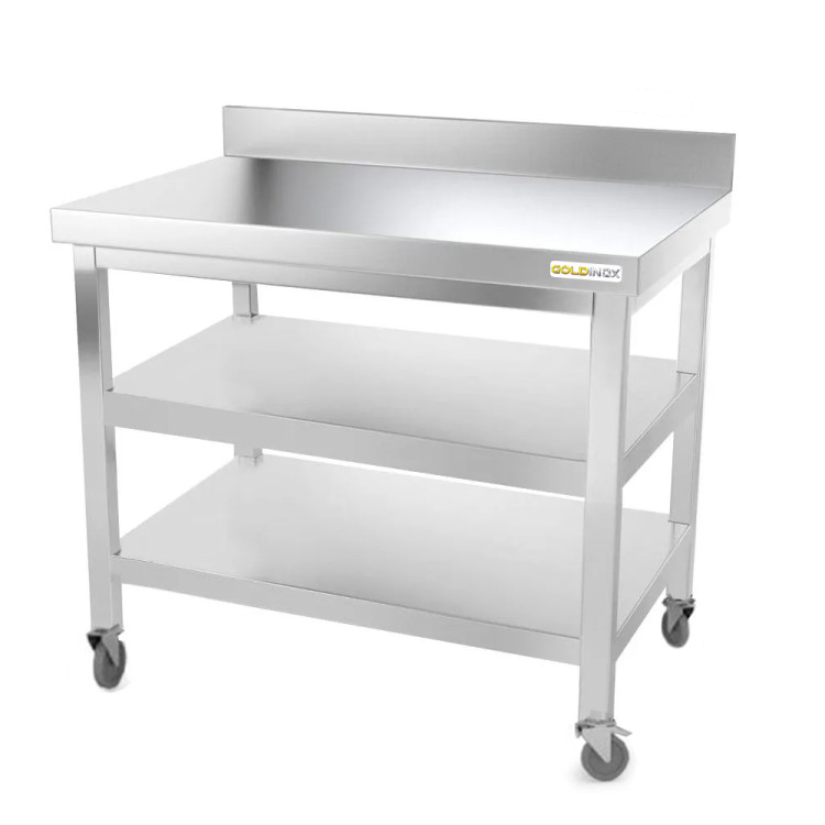 Table inox 1000 x 600 mm adossée avec 2 étagères sur roulettes / GOLDINOX