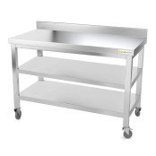 Table inox 1400 x 600 mm adossée avec 2 étagères sur roulettes / GOLDINOX