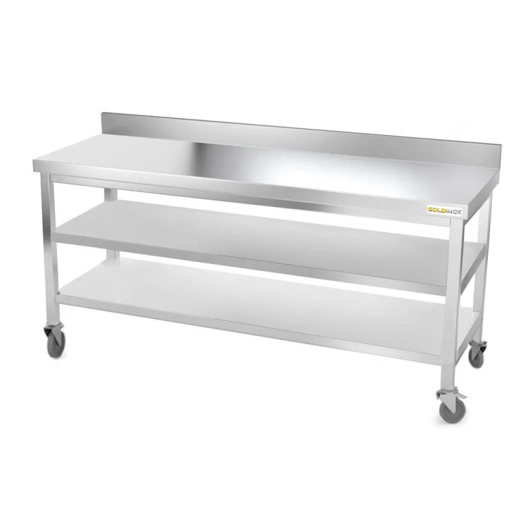 Table inox 1800 x 600 mm adossée avec 2 étagères sur roulettes / GOLDINOX