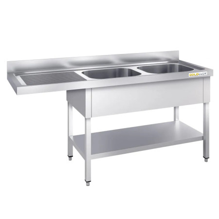 Plonge lave-vaisselle inox 2 bacs - 1600 x 600 mm égouttoir gauche PREMIUM / GOLDINOX