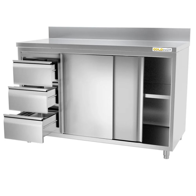 Meuble bas inox 1400 x 600 mm adossée avec 3 tiroirs gauche PREMIUM / GOLDINOX