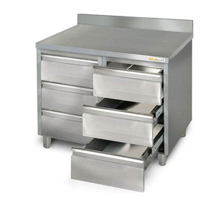 Meuble bas inox 1000 x 600 mm adossée avec 6 tiroirs PREMIUM / GOLDINOX