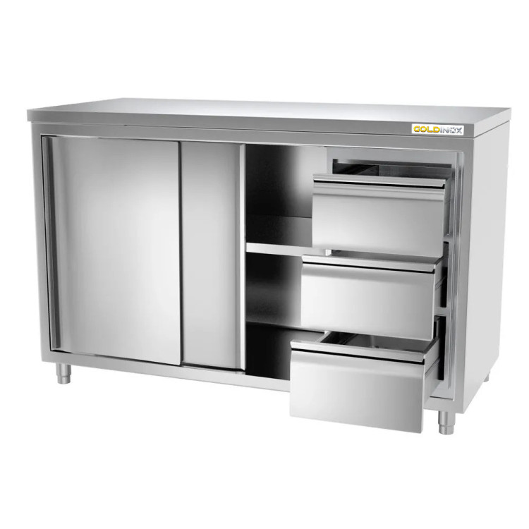 Meuble bas inox 1500 x 600 mm avec 3 tiroirs droit PREMIUM / GOLDINOX