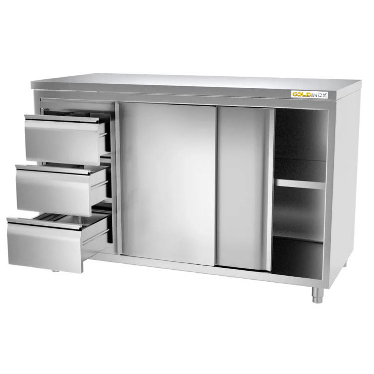 Meuble bas inox 1600 x 600 mm avec 3 tiroirs gauche PREMIUM / GOLDINOX