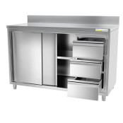 Meuble bas inox 1500 x 600 mm adossée avec 3 tiroirs droit PREMIUM / GOLDINOX