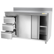 Meuble bas inox 1500 x 700 mm adossée avec 3 tiroirs gauche PREMIUM / GOLDINOX