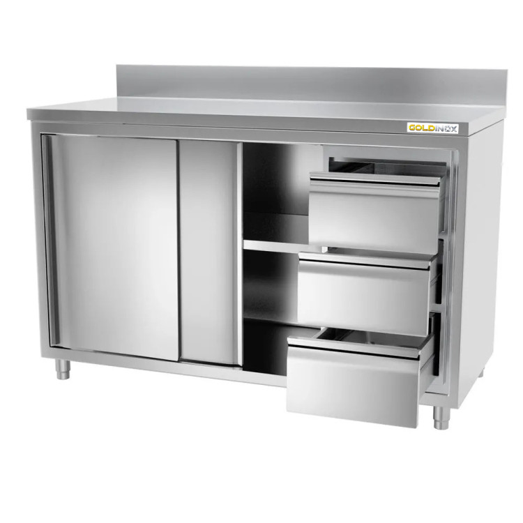 Meuble bas inox 1800 x 700 mm adossée avec 3 tiroirs droit PREMIUM / GOLDINOX