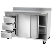 Meuble bas inox 1400 x 600 mm adossée avec 3 tiroirs gauche sur roulettes / GOLDINOX