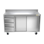 Meuble bas inox 1500 x 600 mm adossée avec 3 tiroirs gauche sur roulettes / GOLDINOX