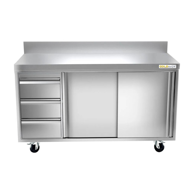 Meuble bas inox 1800 x 600 mm adossée avec 3 tiroirs gauche sur roulettes / GOLDINOX