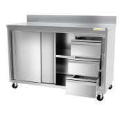 Meuble bas inox 1400 x 600 mm adossée avec 3 tiroirs droit sur roulettes / GOLDINOX