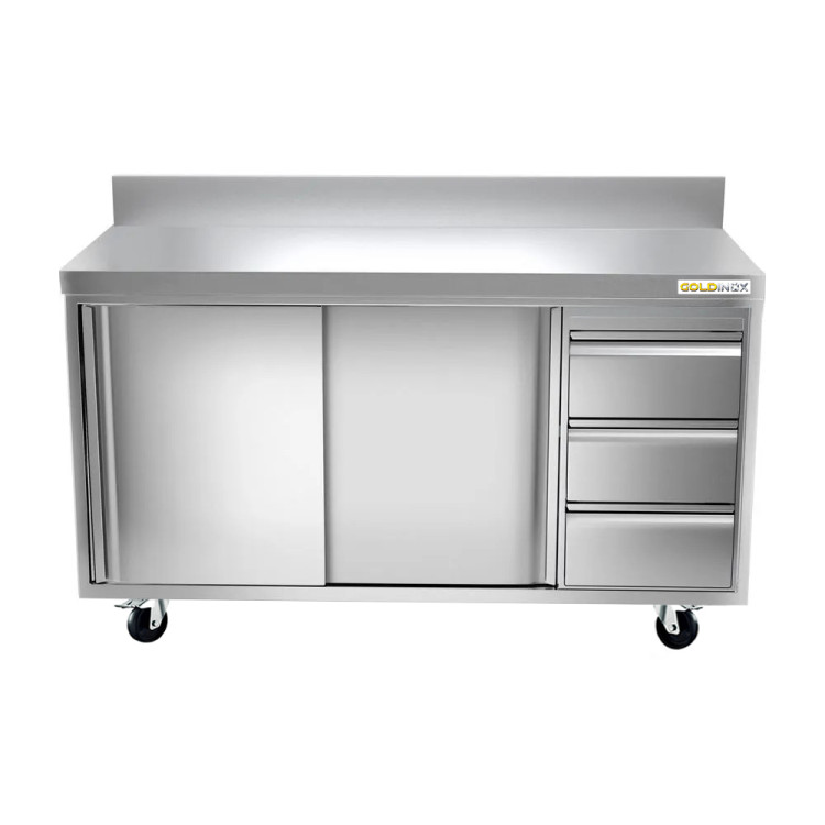 Meuble bas inox 1400 x 600 mm adossée avec 3 tiroirs droit sur roulettes / GOLDINOX