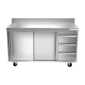 Meuble bas inox 1500 x 700 mm adossée avec 3 tiroirs droit sur roulettes / GOLDINOX