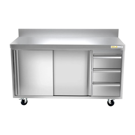 Meuble bas inox 2000 x 700 mm adossée avec 3 tiroirs droit sur roulettes / GOLDINOX