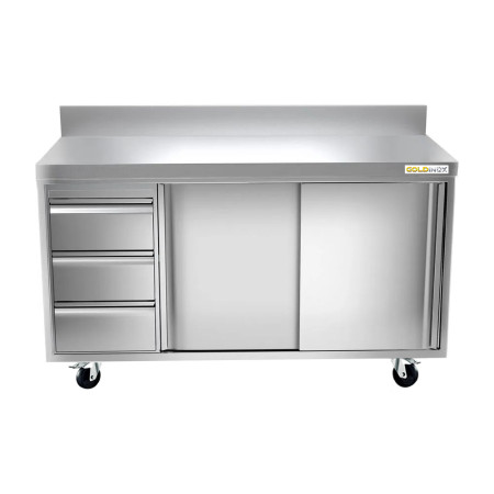 Meuble bas inox 1400 x 700 mm adossée avec 3 tiroirs gauche sur roulettes / GOLDINOX