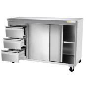 Meuble bas inox 1400 x 600 mm avec 3 tiroirs gauche sur roulettes / GOLDINOX