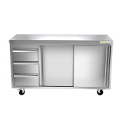 Meuble bas inox 1400 x 600 mm avec 3 tiroirs gauche sur roulettes / GOLDINOX