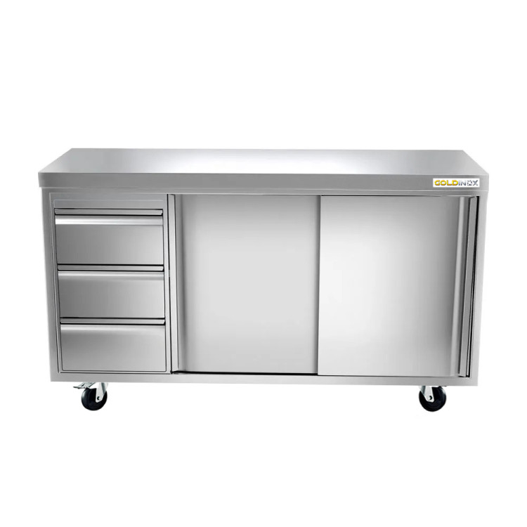 Meuble bas inox 1800 x 600 mm avec 3 tiroirs gauche sur roulettes / GOLDINOX