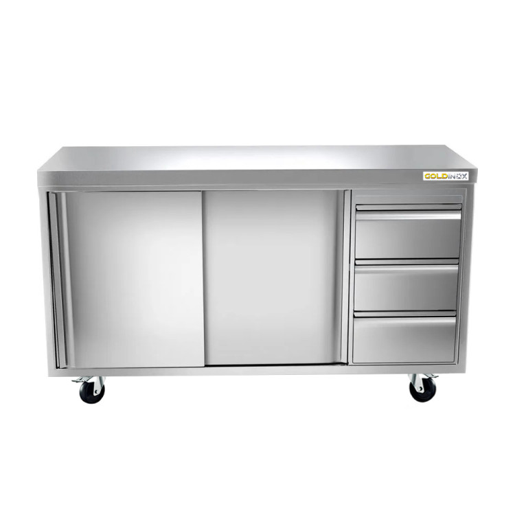 Meuble bas inox 1800 x 600 mm avec 3 tiroirs droit sur roulettes / GOLDINOX