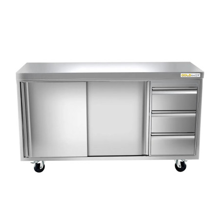 Meuble bas inox 1600 x 700 mm avec 3 tiroirs droit sur roulettes / GOLDINOX