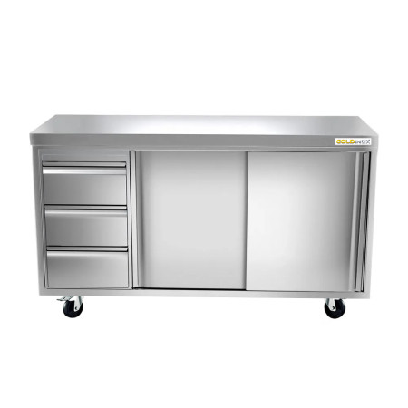 Meuble bas inox 1600 x 700 mm avec 3 tiroirs gauche sur roulettes / GOLDINOX