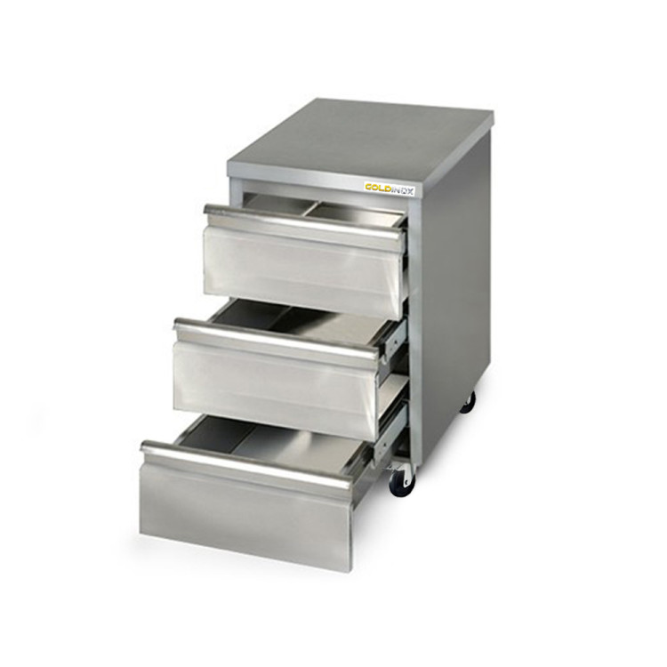 Meuble inox 3 tiroirs 500 x 700 mm sur roulettes / GOLDINOX