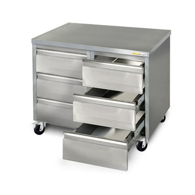 Meuble inox 6 tiroirs 1000 x 700 mm sur roulettes / GOLDINOX