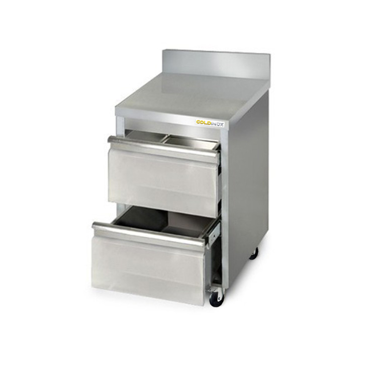 Meuble inox 2 tiroirs 500 x 600 mm adossée sur roulettes / GOLDINOX