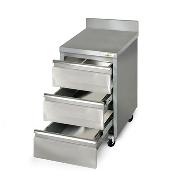 Meuble inox 3 tiroirs 500 x 600 mm adossée sur roulettes / GOLDINOX