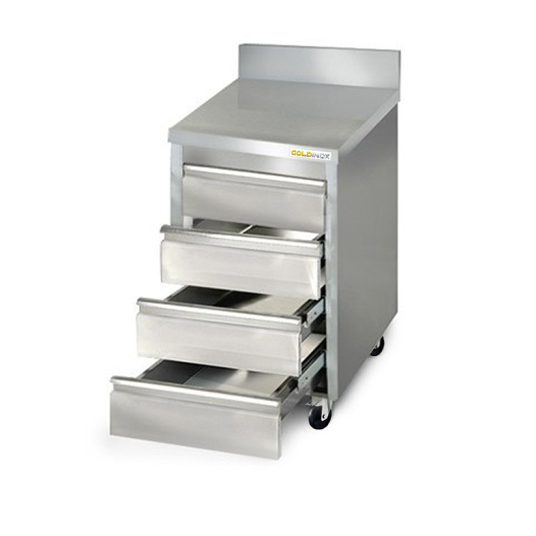 Meuble inox 4 tiroirs 500 x 600 mm adossée sur roulettes / GOLDINOX