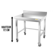 Table inox soubassement 500 x 500 mm adossée avec renfort sur roulettes / GOLDINOX