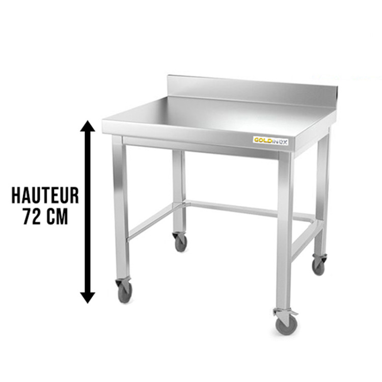 Table inox soubassement 700 x 500 mm adossée avec renfort sur roulettes / GOLDINOX