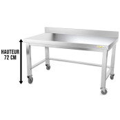 Table inox soubassement 1400 x 500 mm adossée avec renfort sur roulettes / GOLDINOX