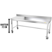 Table inox soubassement 1800 x 500 mm adossée avec renfort sur roulettes / GOLDINOX