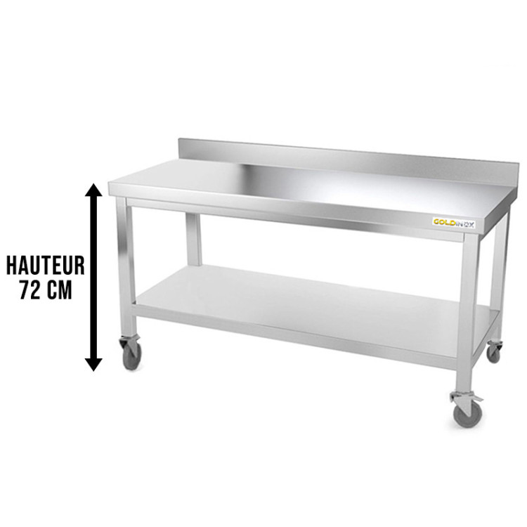 Table inox soubassement 1400 x 600 mm adossée sur roulettes / GOLDINOX 